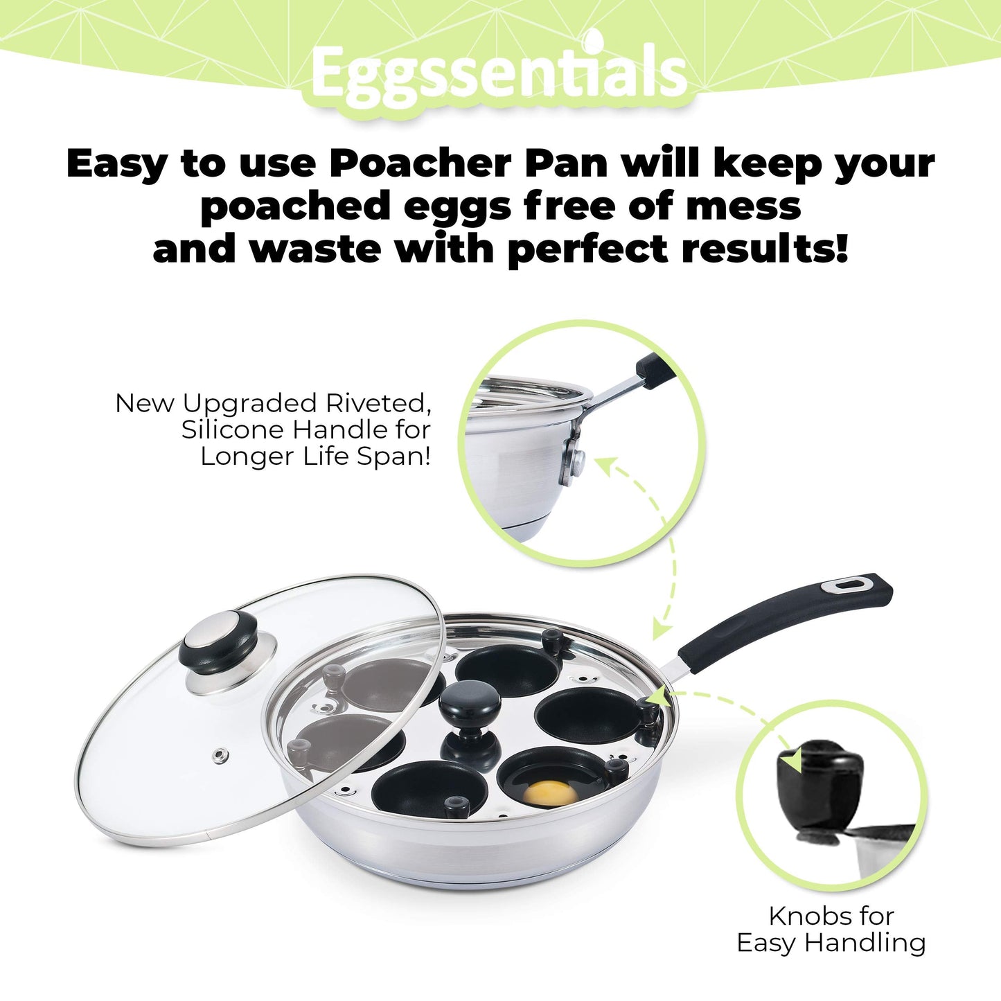 Eggssentials Egg Poacher Pan Nonstick Poached Egg Maker, Stainless Steel Egg Poaching Pan, Poached Eggs Cooker Food Grade Safe PFOA Free with Spatula, Egg Poachers Cookware