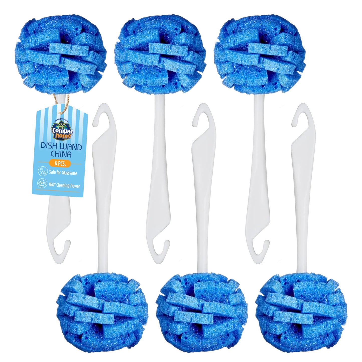 COMPAC HOME Dish Wand Kitchen Sponge | Effectively Clean China Dishes and Glassware | Unique Round Ball Shaped All-Around Cleaning Sponge | Gentle Flexible Brushes for Your Nice Dishes, 6 Count