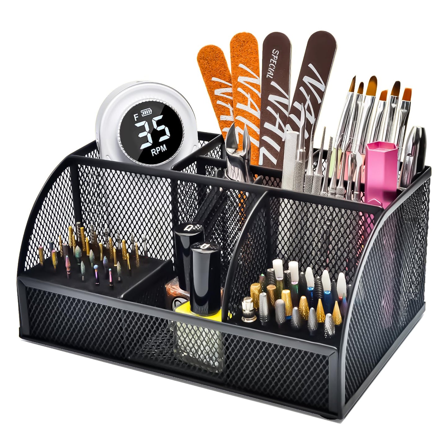 CGBE Nail Drill Bits Holder: 60 Holes Professional Drill Bit Holder for Nails - Mesh Metal Nail Tools Organizer Display Case - Nail Desk Organizer for Nail Tech - Black (Not Included Nail Drill)