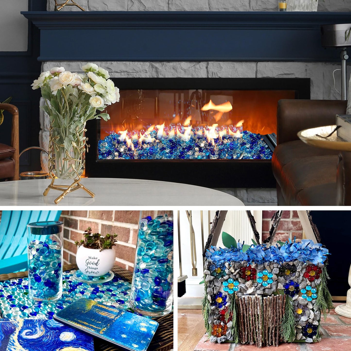 RUOJAS 10 Pounds Mixed-Color Fire Glass Beads 3/4 Inch Firepit Gems for Fire Pit Table, Fireplaces, Fire Bowl, Garden Landscaping & DIY Crafts (Cobalt Blue, Oceanic Blue, Crystal Clear)