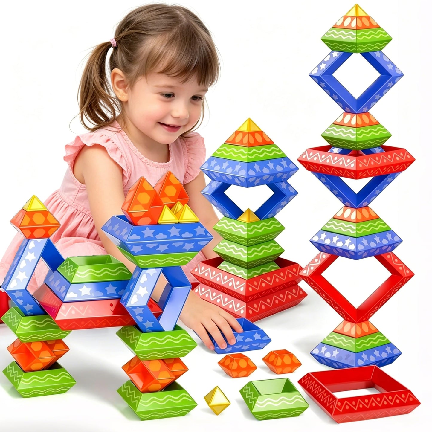 Doloowee 30 Pcs Building Blocks Toys for Ages 3 4 5 6 Toddlers, Pyramid Stacking Toys, 3D Montessori Preschool Learning Blocks for Kids, Stem Educational Pyramid Magic Tower Gifts Set
