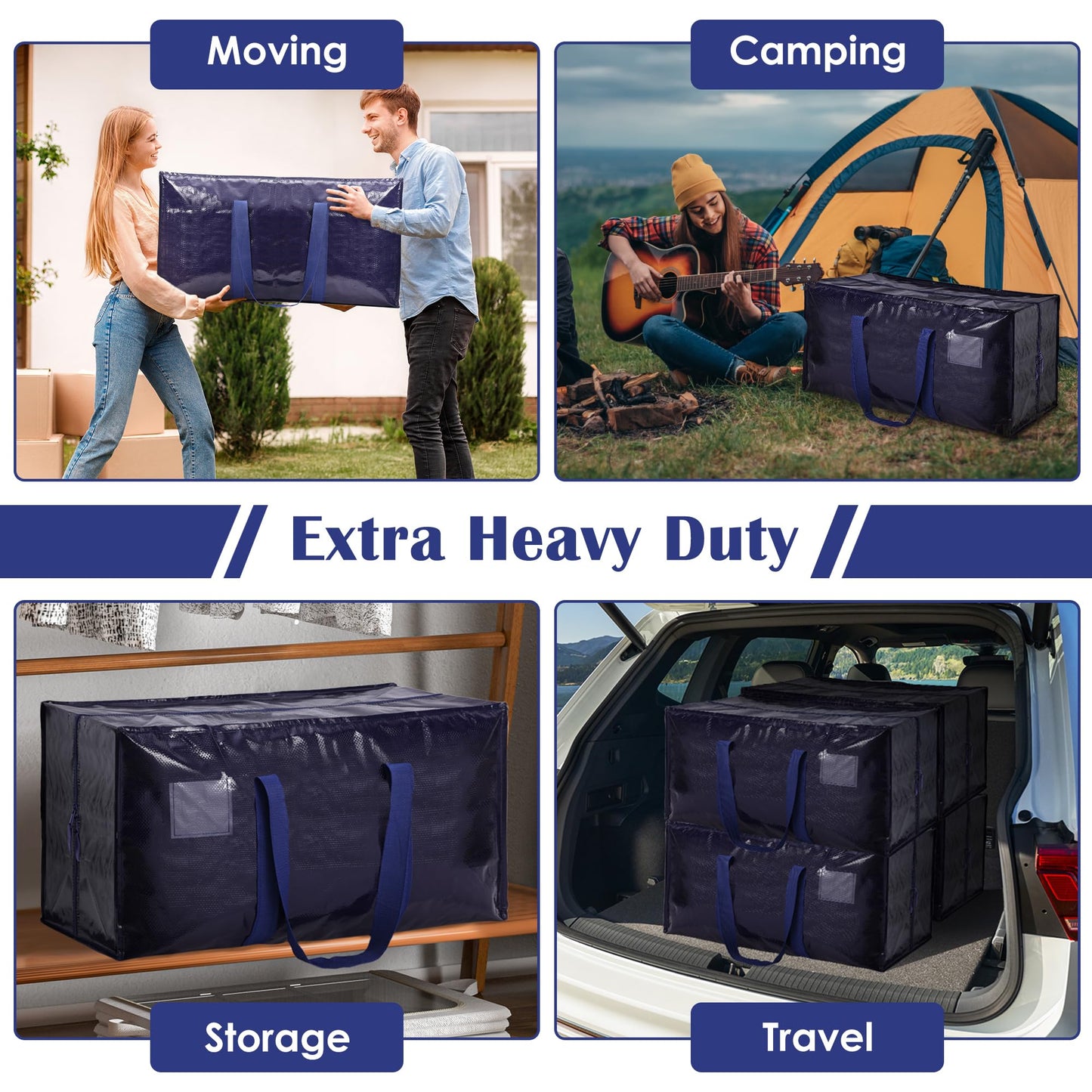 RMOHRO 6 Pack Moving Bags Heavy Duty 210GSM with Full-Open Side Zipper, 93L 65lbs Waterproof Foldable Storage Totes for College Dorm Move-In, Moving Boxes Alternative & Home Organization, Blue
