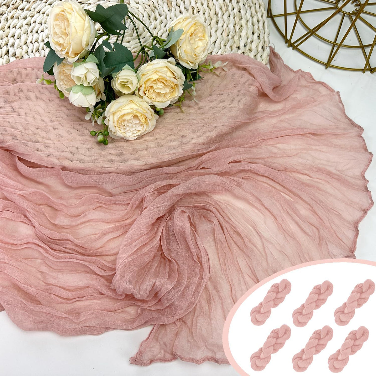 Booque Valley 6 Pack Dusty Pink Cheesecloth Table Runner 10ft Super Soft Boho Wrinkled Gauze Sheer Cloth for Baby Shower Baptism Birthday Party Wedding Centerpiece Table Decoration, 35x120 Inch
