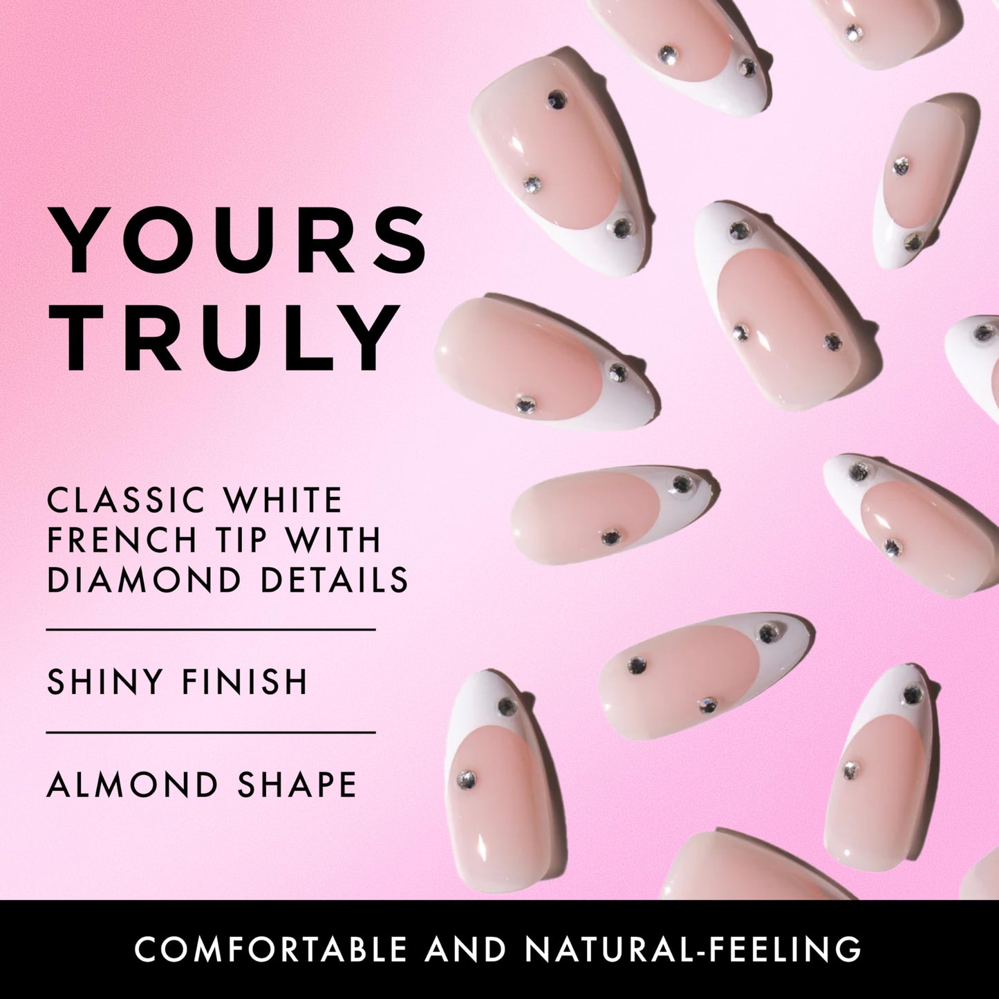 Lost Angels Gel Press On Nails French Tip with Diamond Gems - Cute Press On Nails Almond Medium Length - Easy Nail Kit with Adhesive Tab or Glue - 30 Fake Nail, 15 Sizes