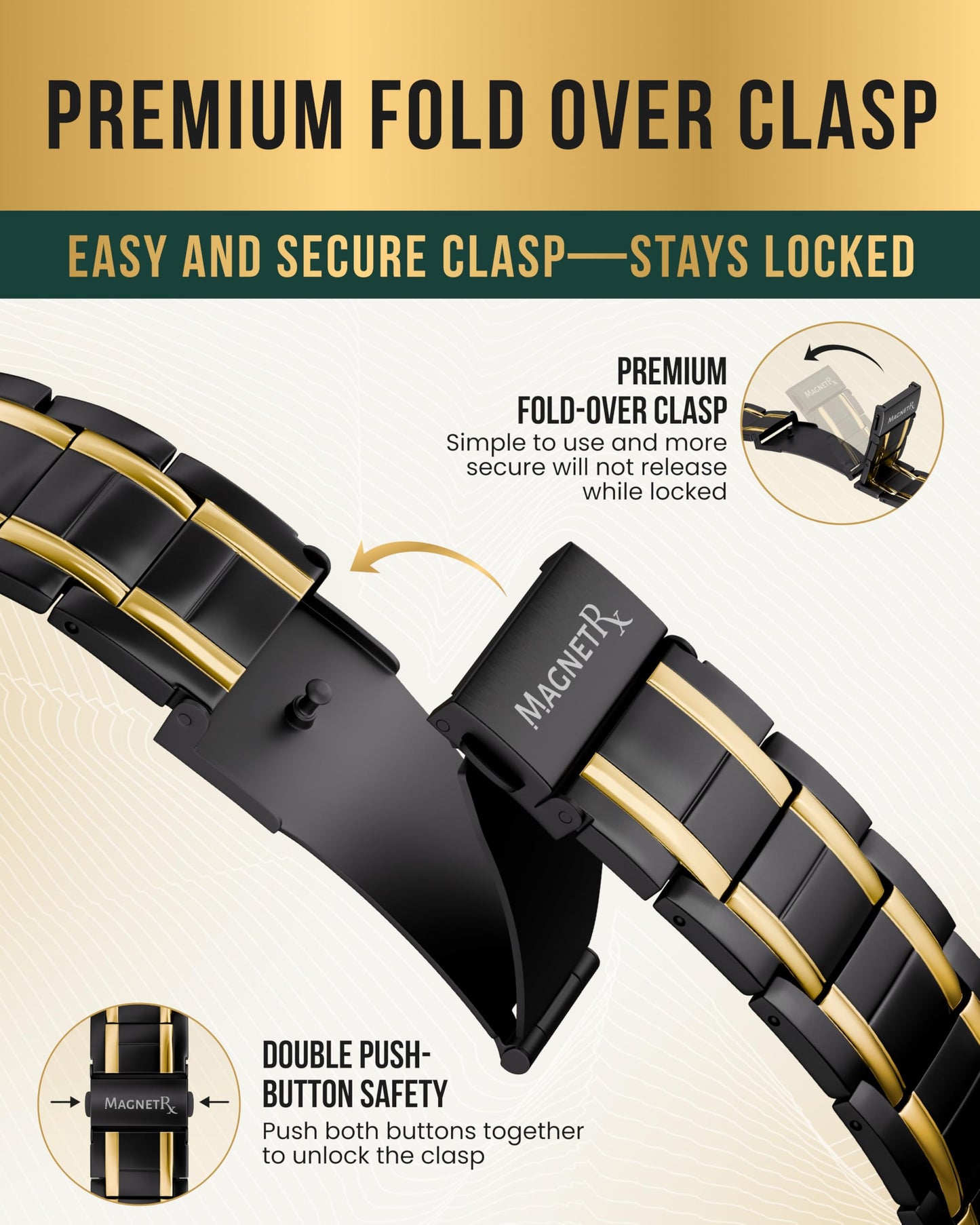 MagnetRX® 3X Strength Titanium Magnetic Bracelet – Magnetic Bracelets for Men – Premium Fold-Over Clasp and Adjustable Length with Sizing Tool (Black/Gold)