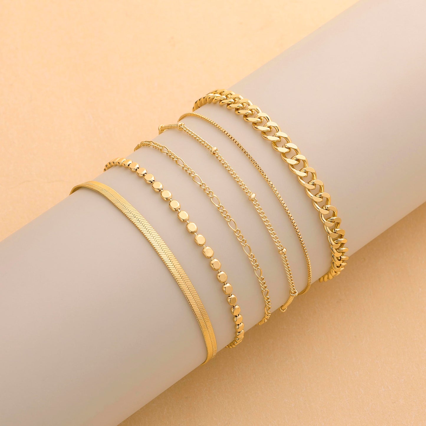 DEARMAY Dainty 14K Gold Plated Chain Bracelet Set for Womens Trendy Waterproof Gold Jewelry Fashion Stackable Box Cuban Figaro Herringbone Link Bracelets Pack Stack Gifts