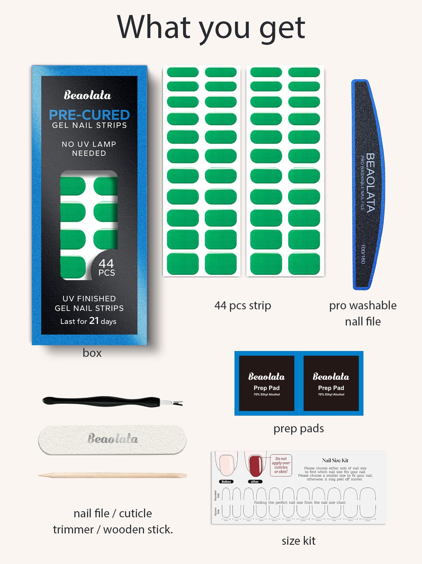 Beaolata Real Gel Nail Strips (No UV Light Needed) - 44Pcs Salon Quality Nail Stickers - Long Lasting Polish Wraps for Women, Easy Apply & Remove (Emerald)