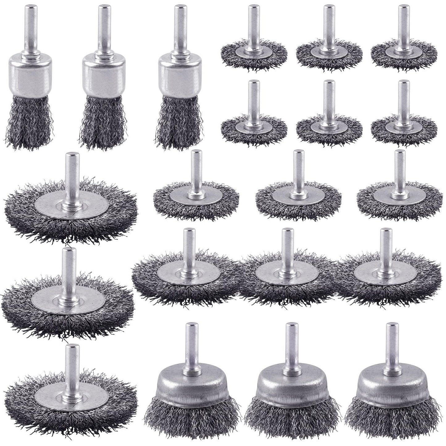 Rocaris 21-Pack Carbon Steel Wire Wheel, Cup, Pen Brush Set with 1/4-Inch Round Shank for Rust Removal, Corrosion and Scrub Surfaces