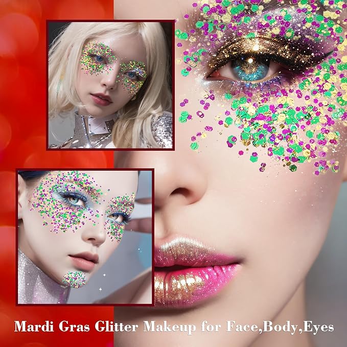 MEICOLY Mardi Gras Face Glitter,Mardi Gras Outfit for Women Kids,Mardi Gras Accessories for Carnival,Gold Green Purple Mixed Chunky Glitter,Rave Festival St Patricks Day Glitter for Face/Body/Hair
