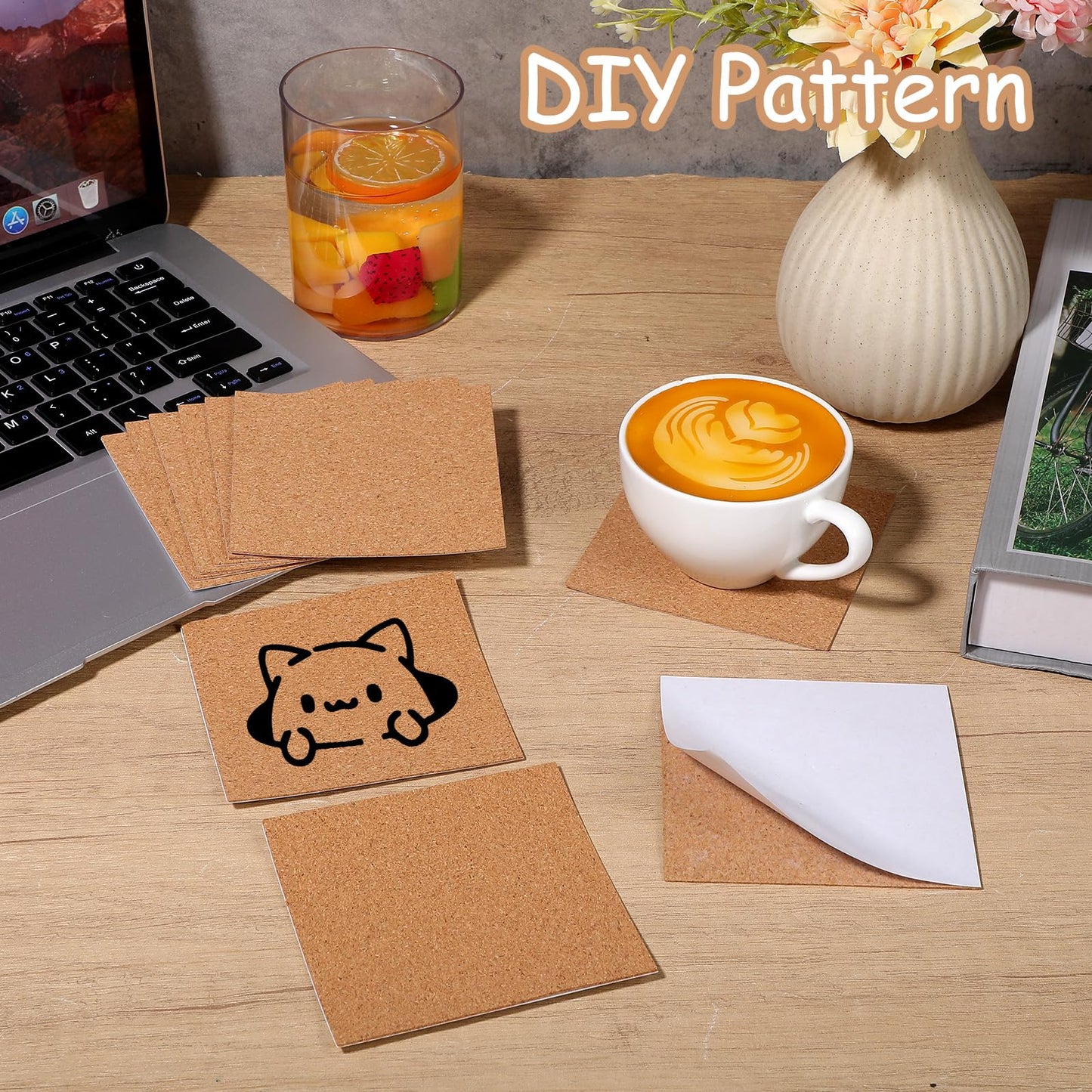 Kifmurase 200PCS Self-Adhesive Cork Sheets, 4 x 4 Inch Brown Squares Cork Coasters for DIY Crafts Laser Engraving Home Wall Decoration, Non-Slip Bulk Tabletop Drinks Coasters