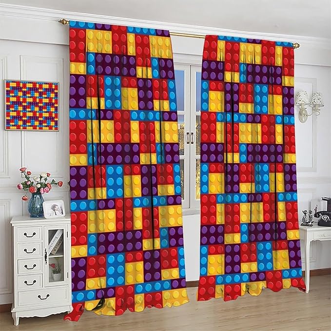 Building Block Colored Curtains, Children's Themed Curtains Collection Building Block Patchwork Cartoon Print Curtains, Light Trim 2 Panel Set Rod Pockets 55x63in