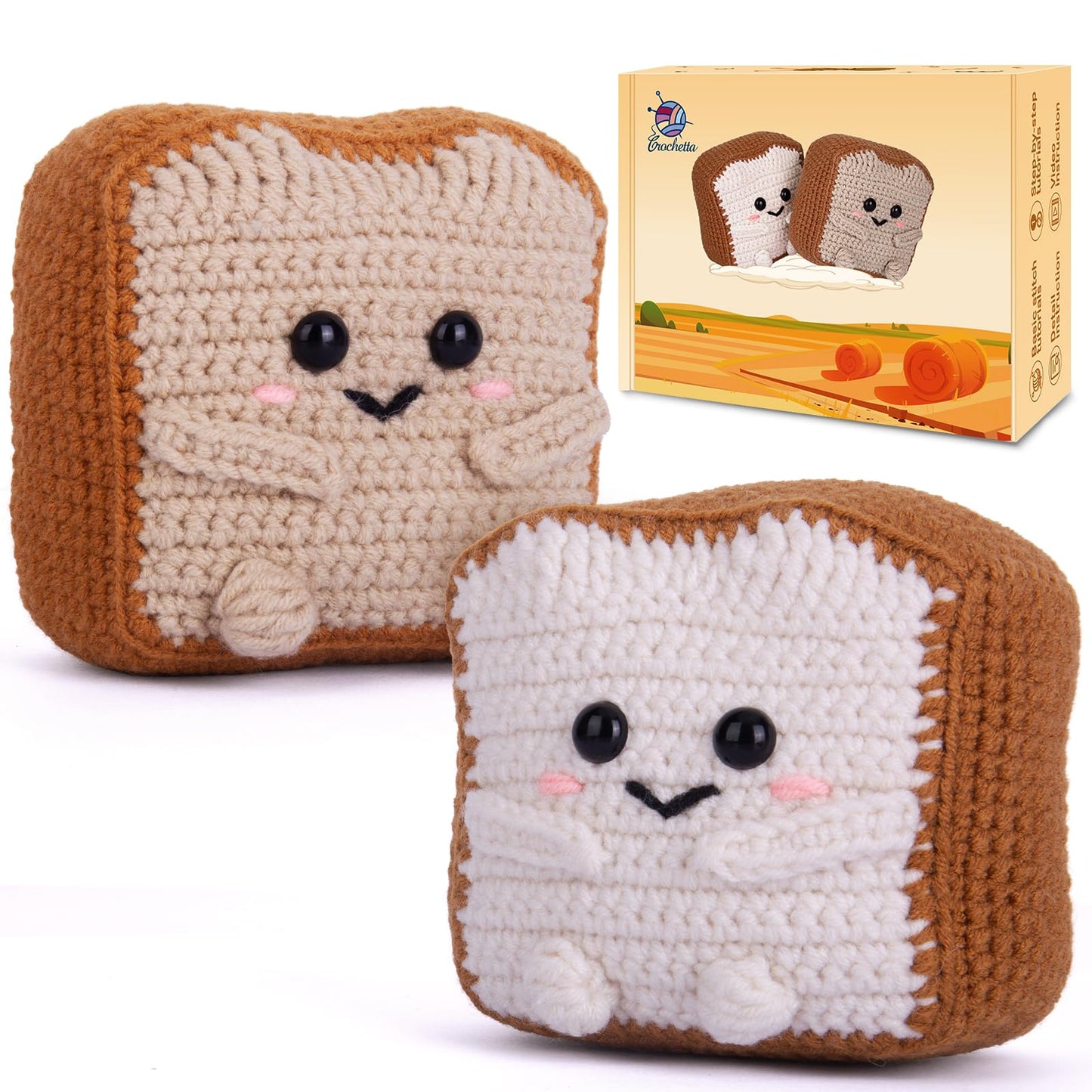 Crochetta Crochet Kit for Beginners, Amigurumi Crocheting Animals Kits w Step-by-Step Video Tutorials, Knitting Starter Pack for Adults, Jumbo 2 Breads Familly (40%+ Yarn Content)