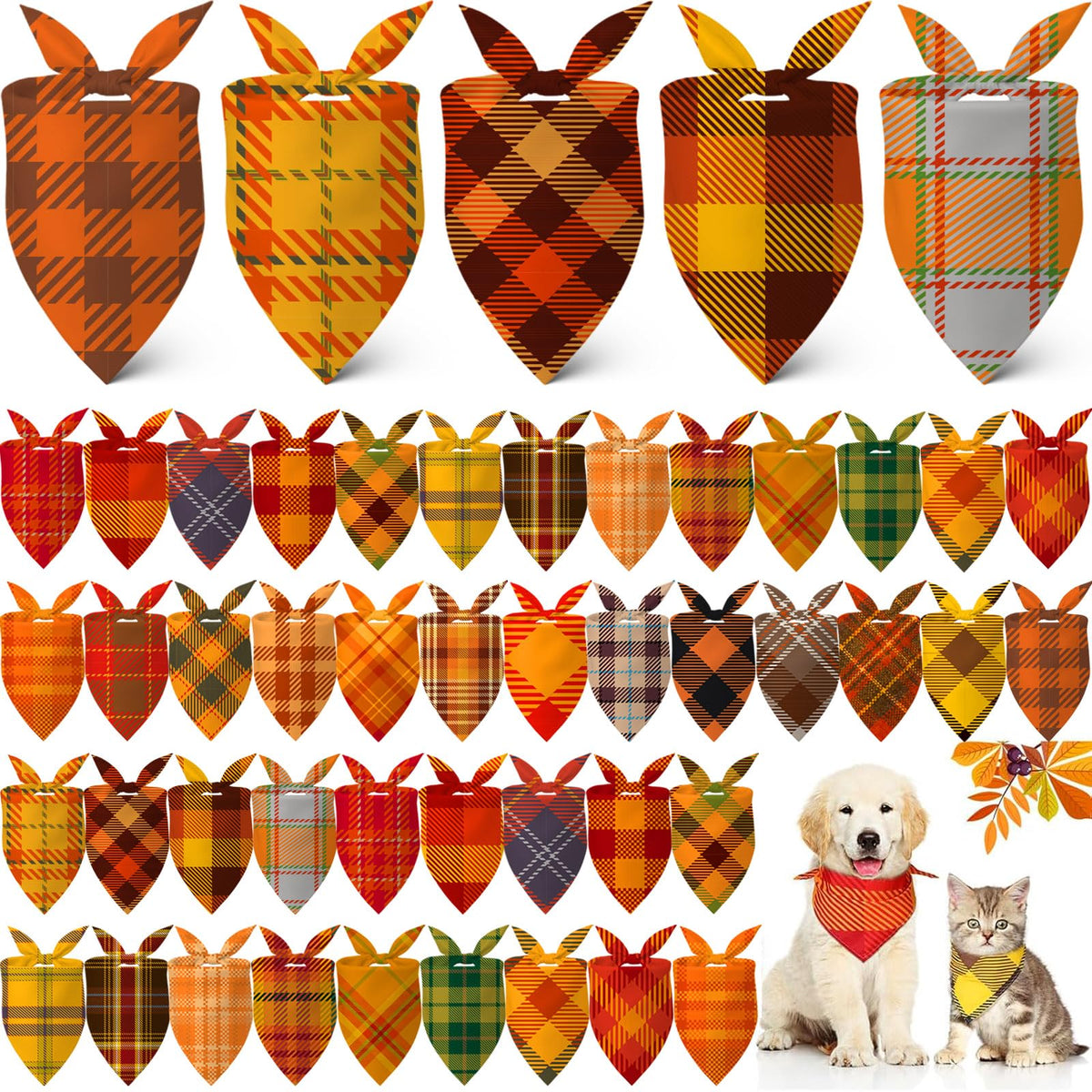 Sweetude 60 Pcs Fall Dog Bandanas Bulk Adjustable Plaid Pet Scarves,M