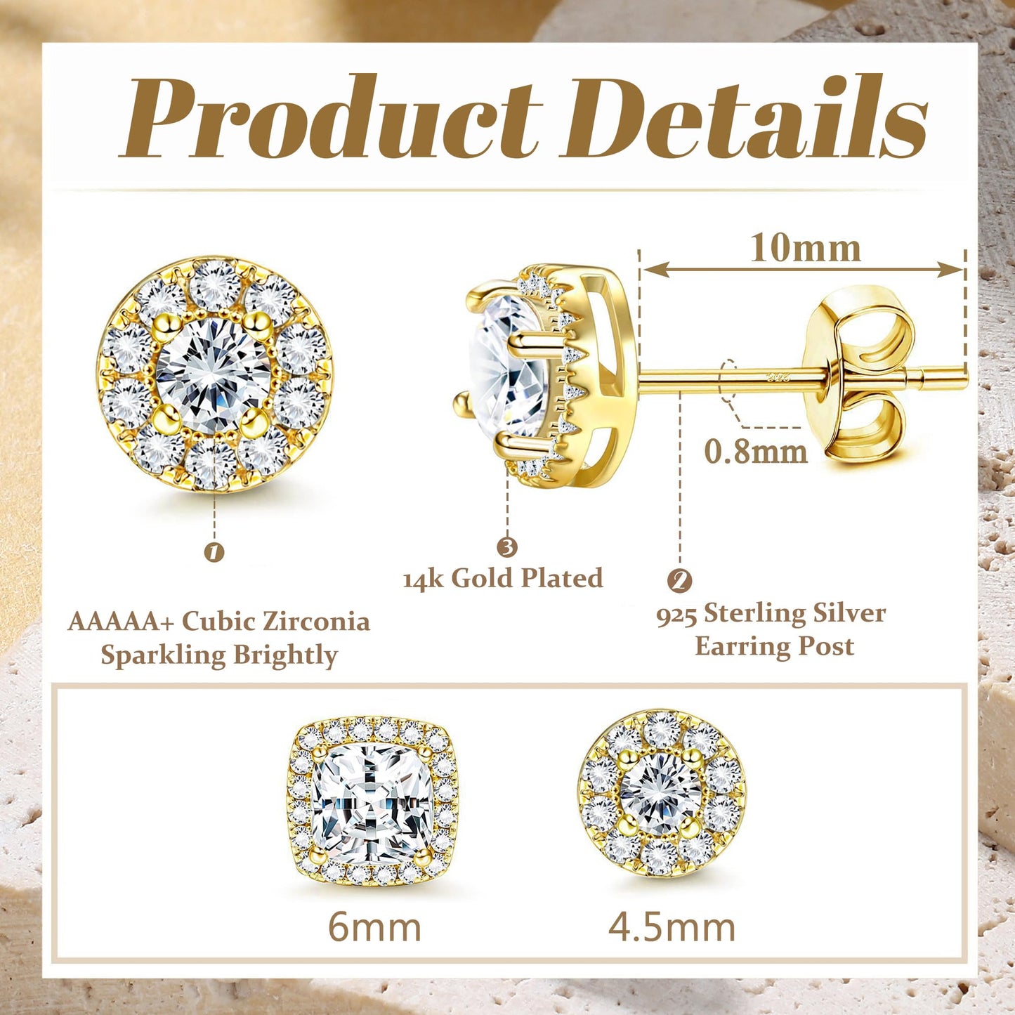 Hayoso Cubic Zirconia Stud Earrings for Women Men Sterling Silver Earring Post Hypoallergenic 14k Gold Plated Round&Square Earrings Gold2