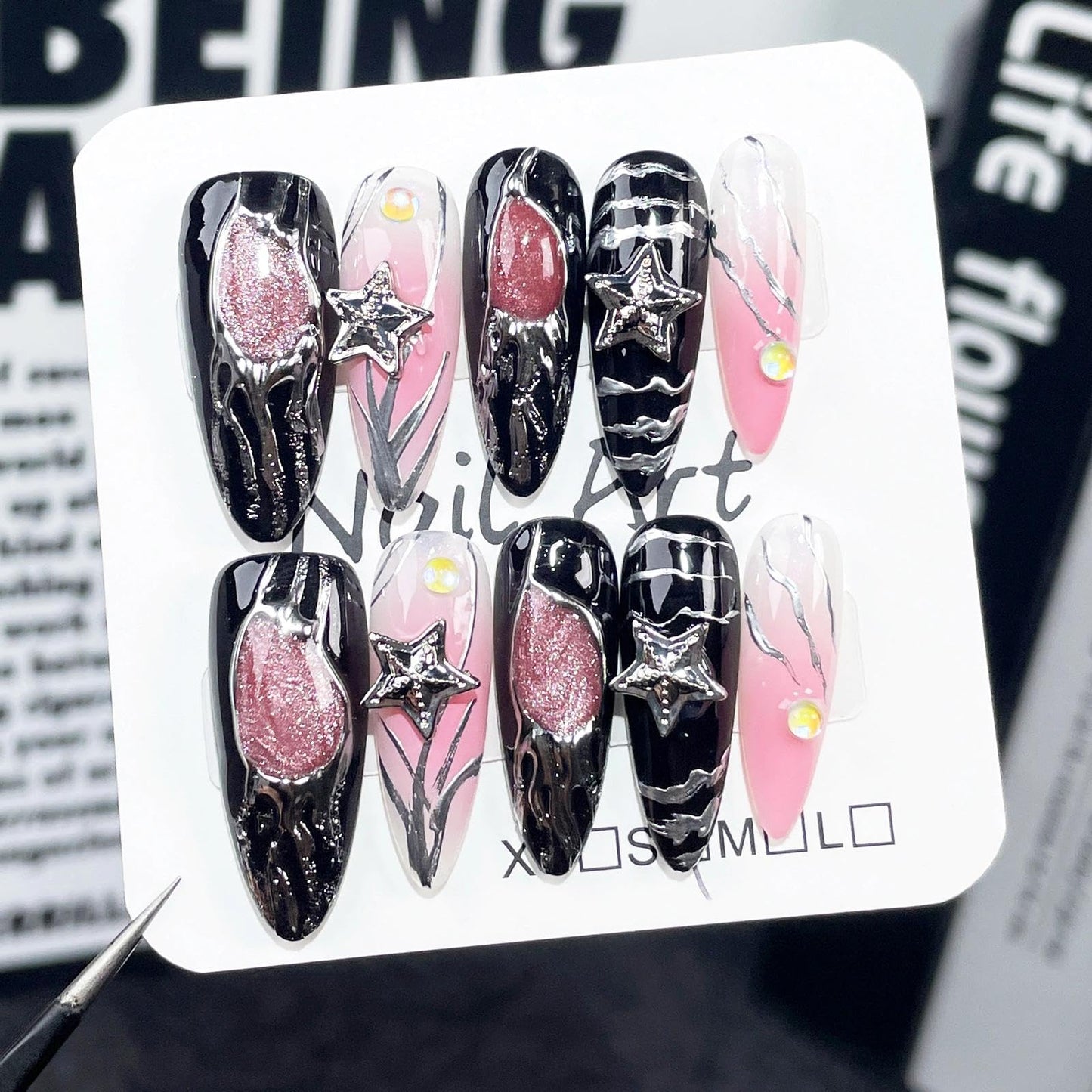 Handmade 3D Sweet Edgy Star Black Pink Stiletto Press On Nails, Metallic Stream Glitter Artisan Nails Set, Reusable Glossy Press-ons with Tool Kit(S)