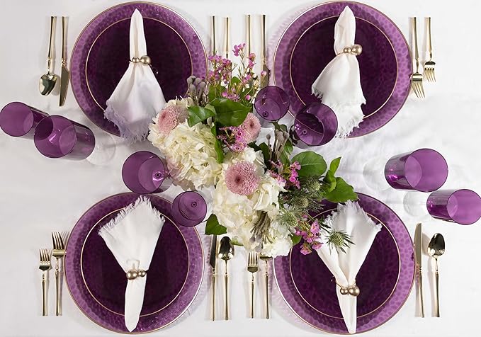 [Purple Hammered With Gold Rim 4 Pack] 13'' Charger Plates Purple Hammered With Gold Rim Plastic Heavy Duty Dinner Chargers Serveware Platters Tableware for parties, Weddings