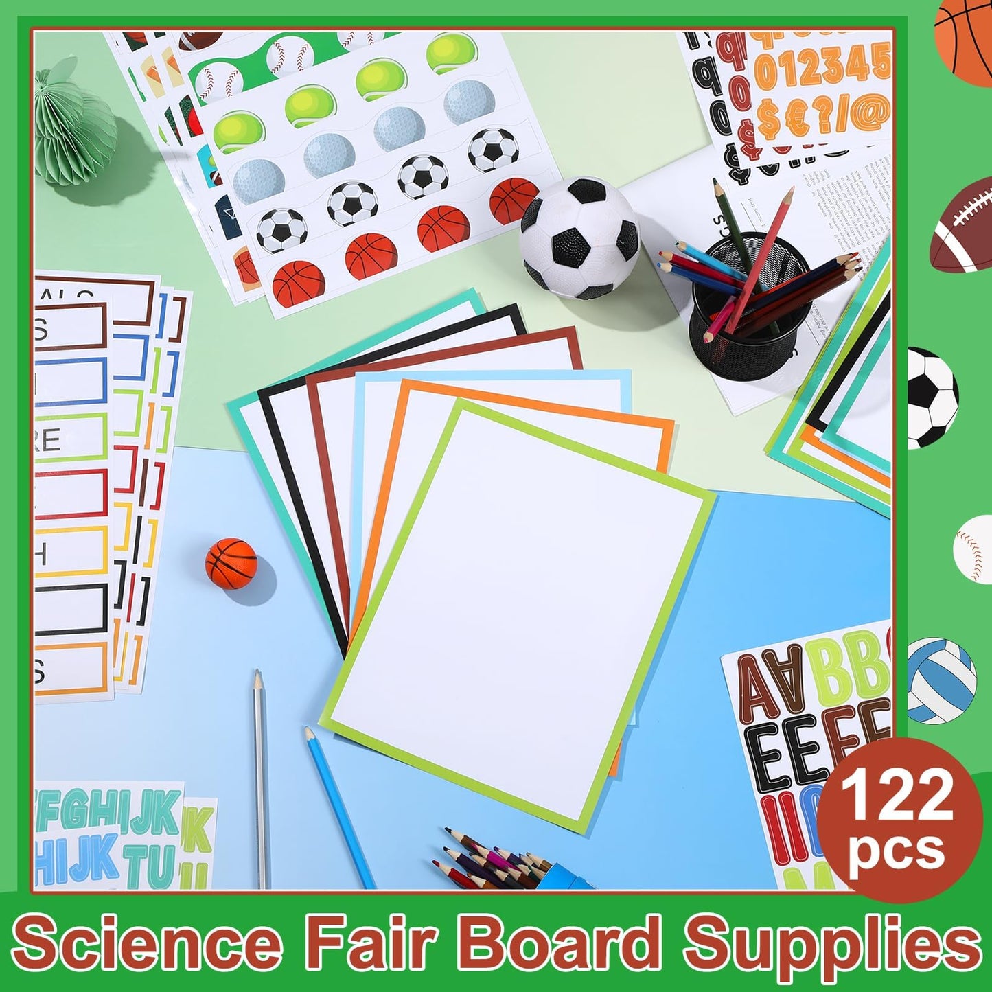 122 Pcs Science Fair Board Supplies 72 Sports Football Trim Scalloped Borders 36 Presentation Board Subtitle 6 Self Adhesive Project Title 8 Letter Sticker for Classroom Office Display Decor(Sports)