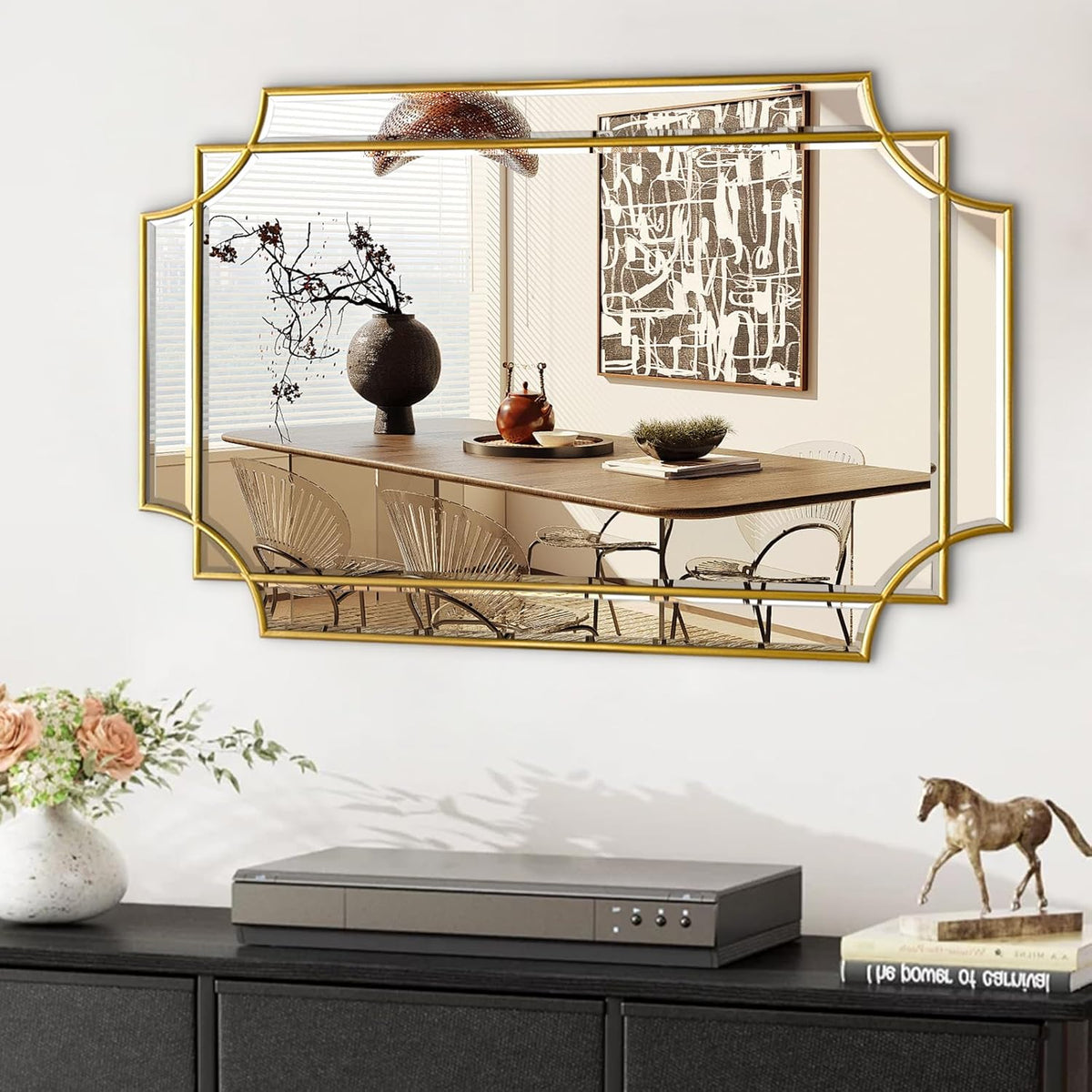 Gold Mirror for Wall, 36x24 Gold Wood Framed, Scalloped Beveled Polished Rectangle Mirror, Large Decorative Mirrors for Wall Decor, Irregular Mirror for Living Room, Bathroom Vanity, Entryway