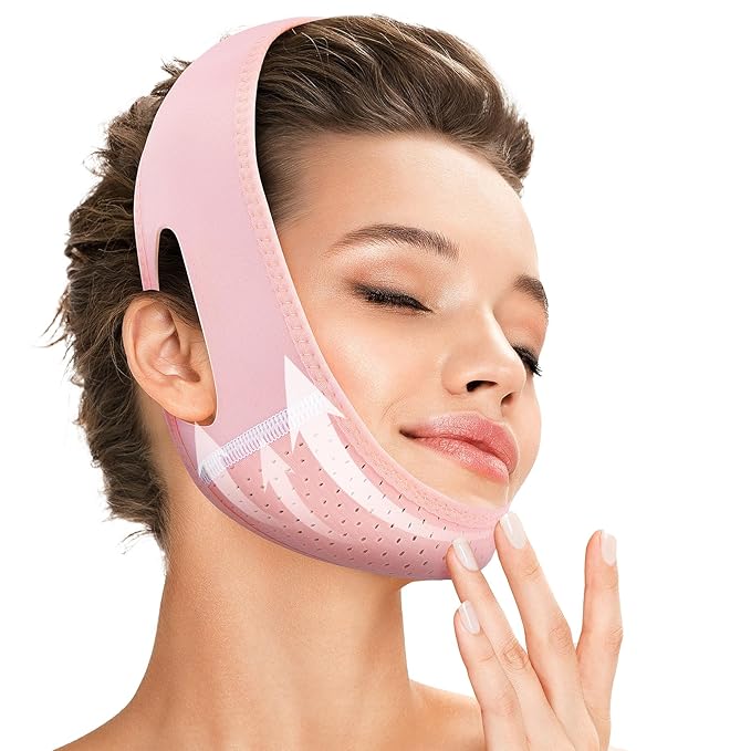 Reusable V Line Lifting Mask with Chin Strap for Sleeping,Double Chin Reducer,Face Lift Prevent Sagging, Jaw Exerciser,Pink,M