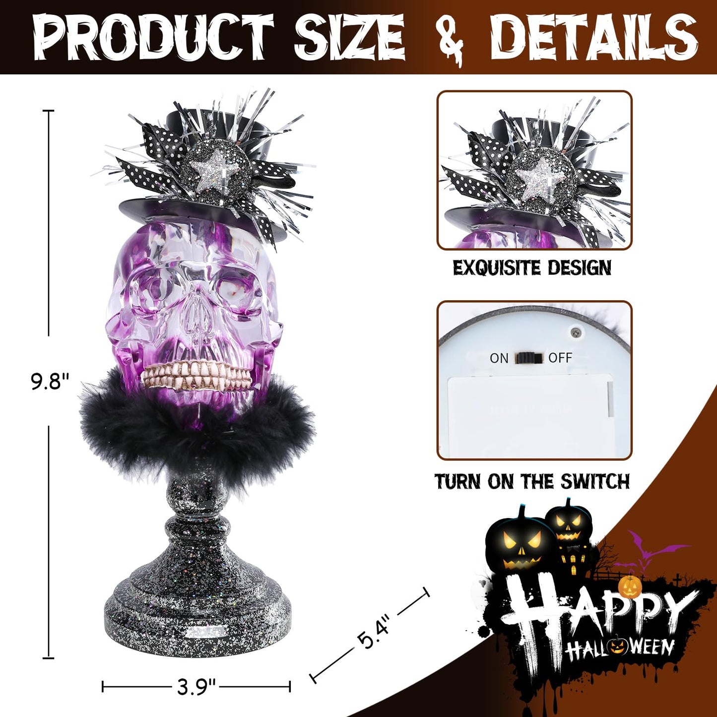 WONDER GARDEN Skulls Halloween Decor - Dressed Acrylic Skeleton Heads with Magic Hat Skull Decor, Halloween Decorations Indoor and Party Supplies