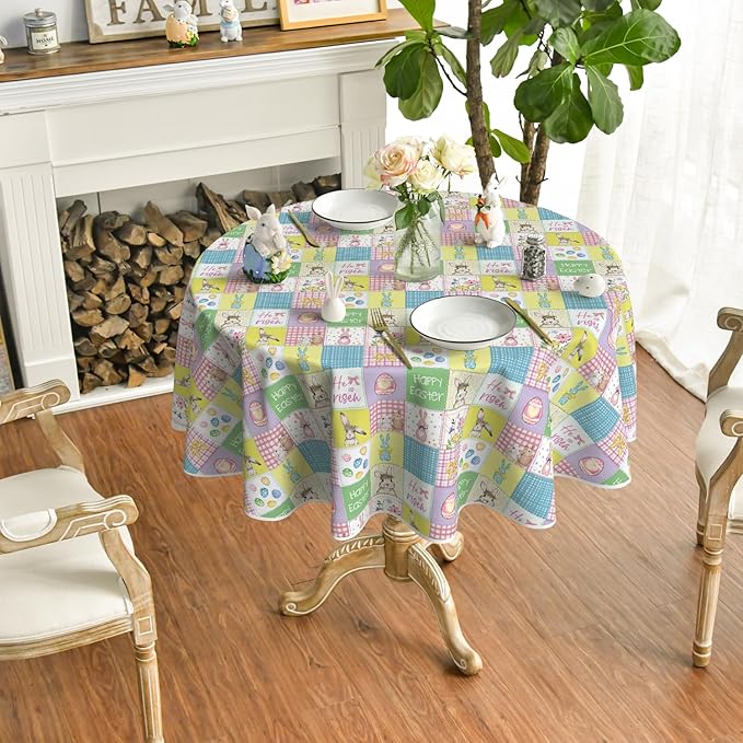 Horaldaily Easter Tablecloth 70×70 Inch Round, Plaid Bunny Rabbits Easter Egg Anemone Bowknot Colorful Washable Seasonal Table Cover for Party Picnic Dinner Decor