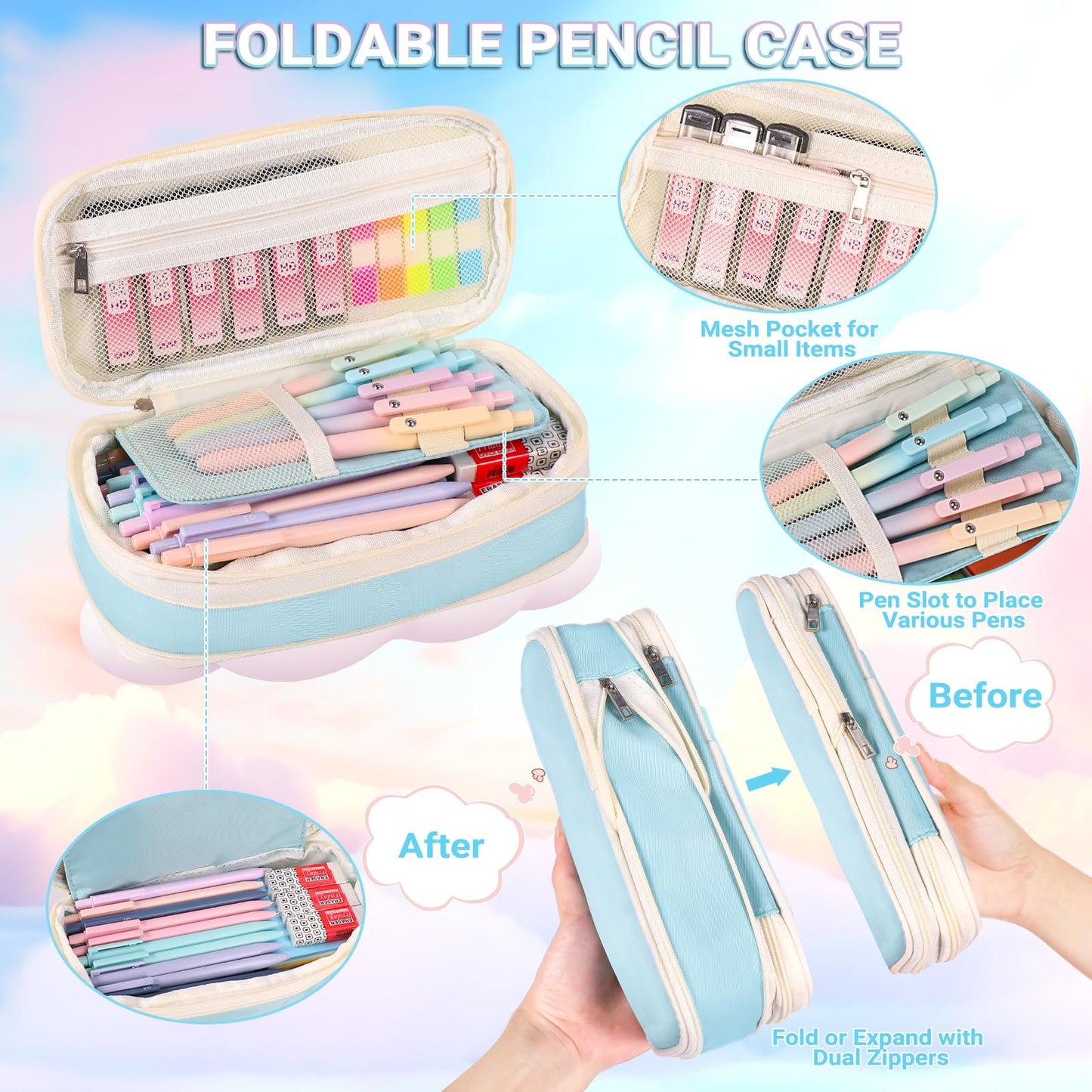 60 Pcs Aesthetic School Supplies with Large Capacity Pencil Case, 5 Quick Dry Black Ink Gel Pens, 12 Color Pastel Highlighters, 6 Mechanical Pencil Set 0.5 & 0.7 mm, 7 Multi-Color Index Sticker-Blue