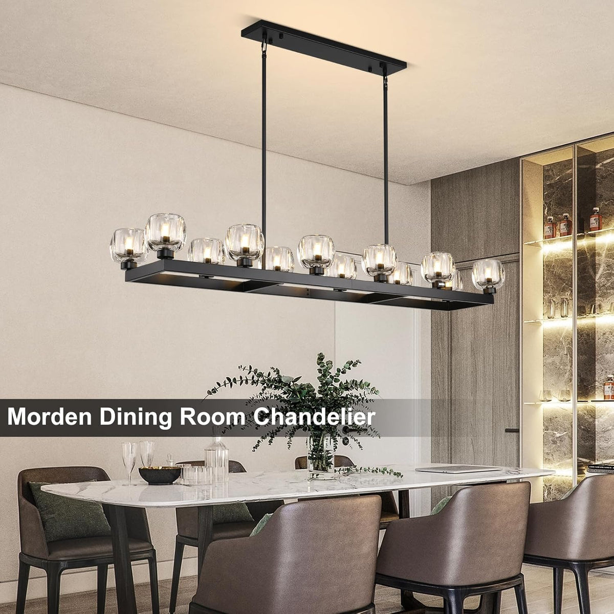 59 Inch Black Rectangle Wagon Wheel Chandeliers, Black Chandelier for Dining Room Over Table, Modern Crystal Long Chandelier, Farmhouse Large Linear Chandeliers for Kitchen Island