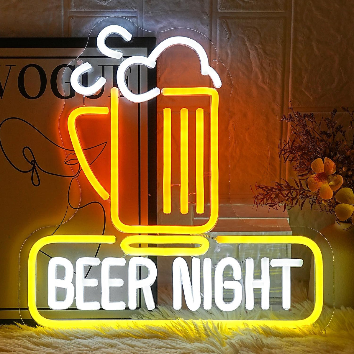 Beer Night Neon Sign for Man Cave Bar Decor Yellow White Beer Neon Light Bar Neon Sign Wall Art for Bedroom Beer Pub Man Cave Restaurant Party Decor