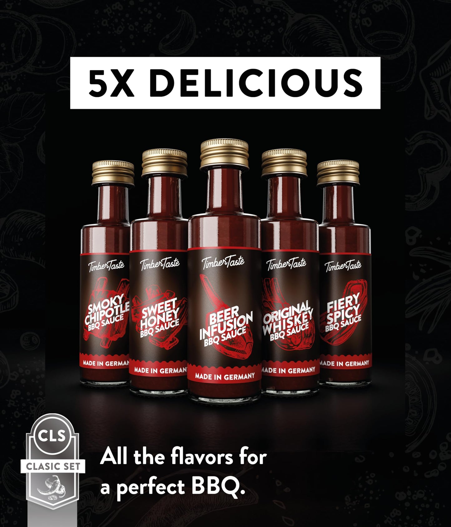 TIMBER TASTE® BBQ Sauce Gifts for Men [5x40 ml] - BBQ Sampler Set with Rubs and 5 Gourmet Barbecue Blends | BBQ Gift Sets | Grill Sauces Gift Set | BBQ Sauce Kit for Dads Birthday Present Box