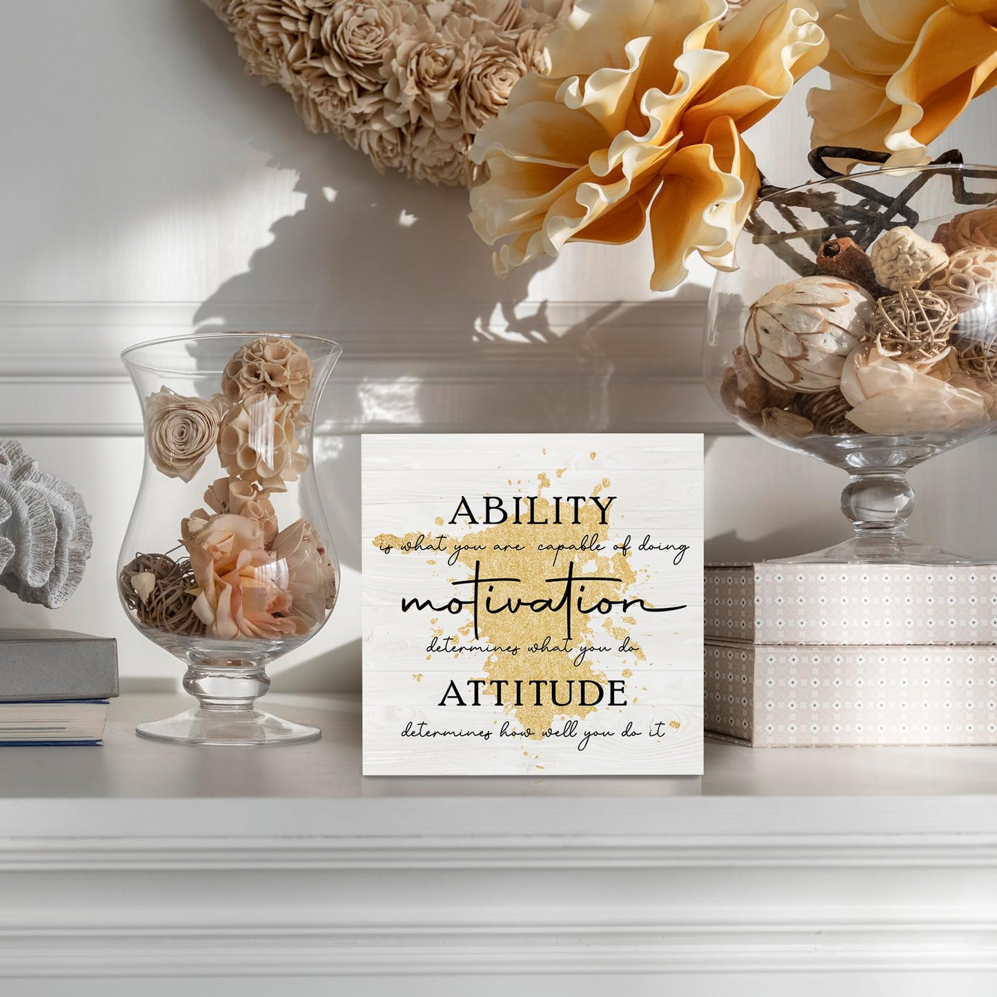 KFXHANGD Gold Office Inspirational Quotes Wooden Box Sign Desk Decor, Ability Motivation Attitude Decorative Signs, Motivational Home Shelf Desk Decor 5x5 Inch