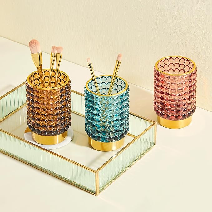 Makeup Brush Holder Organizer,Toothbrush Holders,Desk Pen Pencil Holder,Multifunctional Vintage Glass Brush Cup(A38-9-US/Brown/L)