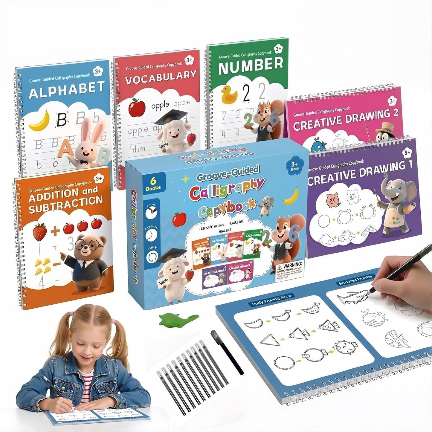 SYHHSEEG Magic Grooved Writing Practice Books for Kids 3-8, Reusable Groove Handwriting Tracing Books with Disappearing Ink, Preschool Kindergarten Homeschool Classroom Supplies (6 PACK)