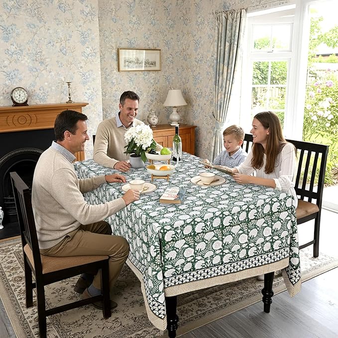 Ridhi Hand Block Print Turquoise Moss Green Rectangle Cotton Tablecloth 120" x 80" Reusable Table Cover Decorative Everyday Use for Dining, Farmhouse, Home Gift for Spring, Easter, Valentine