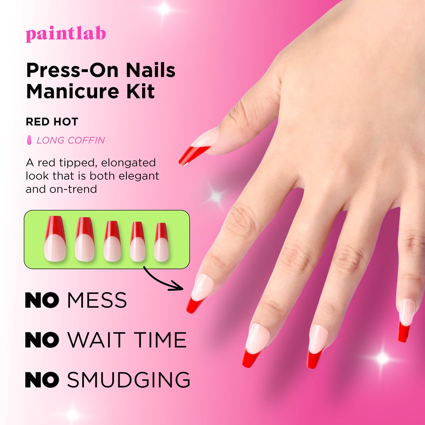 PaintLab Press-On Nails Manicure Kit, Red Hot - Coffin, 30-Piece Set, Long-Lasting Fake Nails with Glue, File, Prep Pad & Cuticle Stick