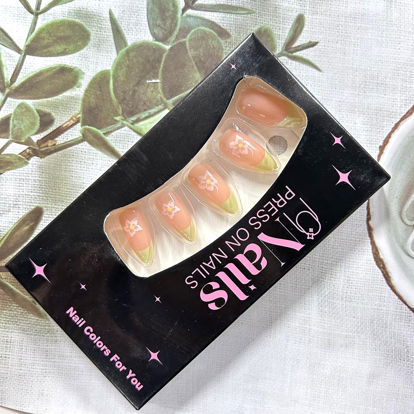 CJDLTS Green French Tip 3D Acrylic False Nails Flower Press on Nails Almond Medium Length Full Cover Glossy Nude Artificial Fingernails White Floral Pattern Design 24Pcs DIY Glue on Nails for Women