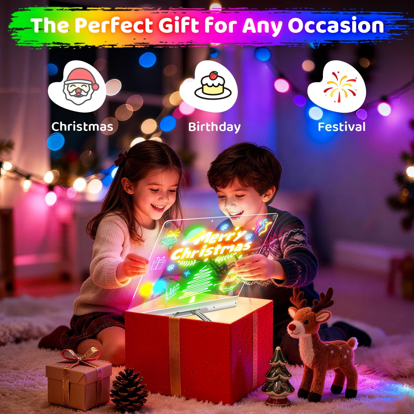 16“ Rechargeable LED Drawing Board, 9-Color Light Modes with Timer & Built-in Stand, Neon Art Dry Erase Glow Up Doodle Note Pad, Sketching Gift Toy for Kids/Girls/Teens, 6 Markers & Tracing Book