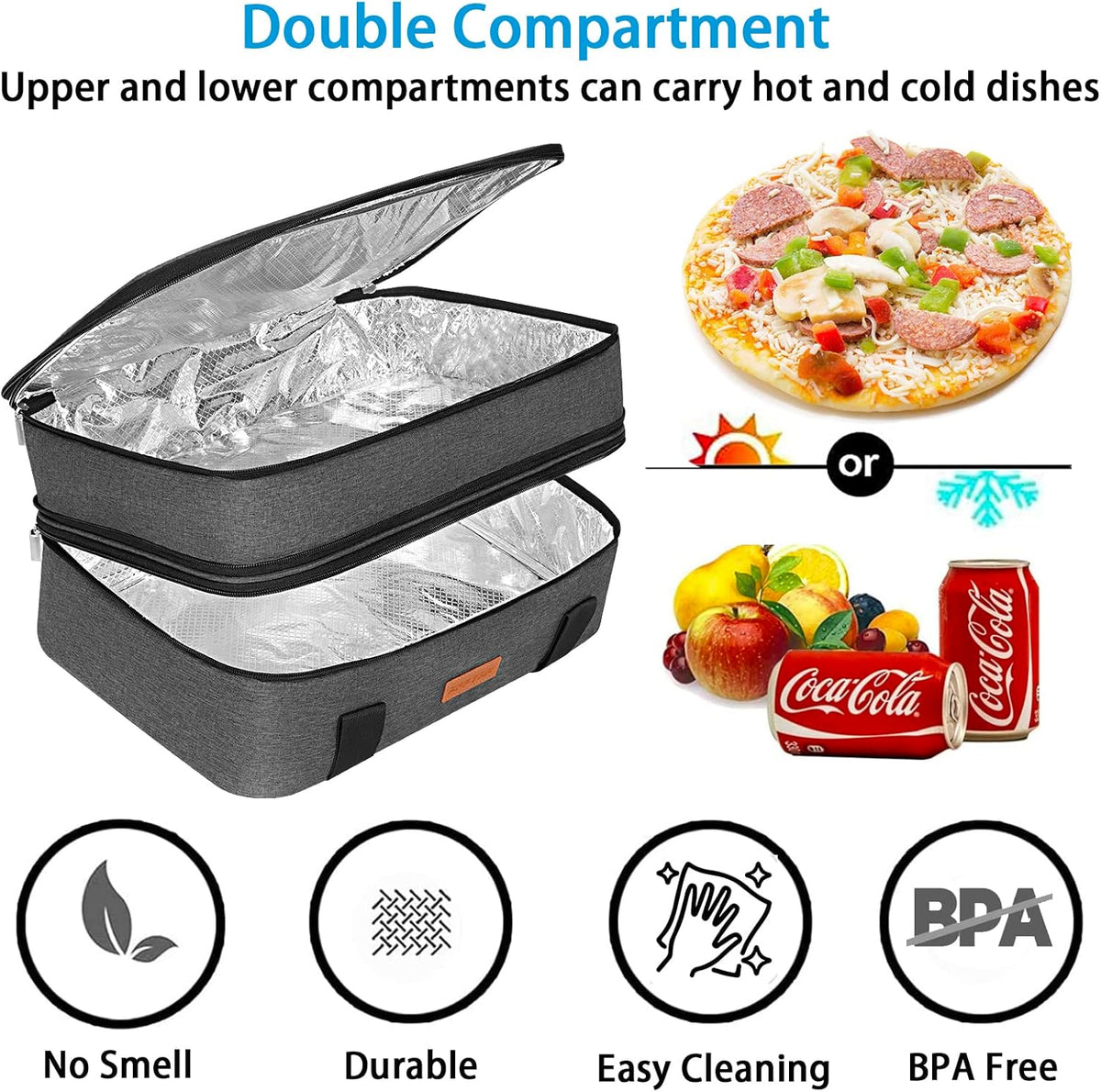 Double Decker Insulated Casserole Carrier for Hot or Cold Food, Expandable Food Carrier for Potluck Parties, Picnic, Cookouts, Fits 11 x 15 or 9 x 13 Lasagna Pan, Baking Dish（Gray）