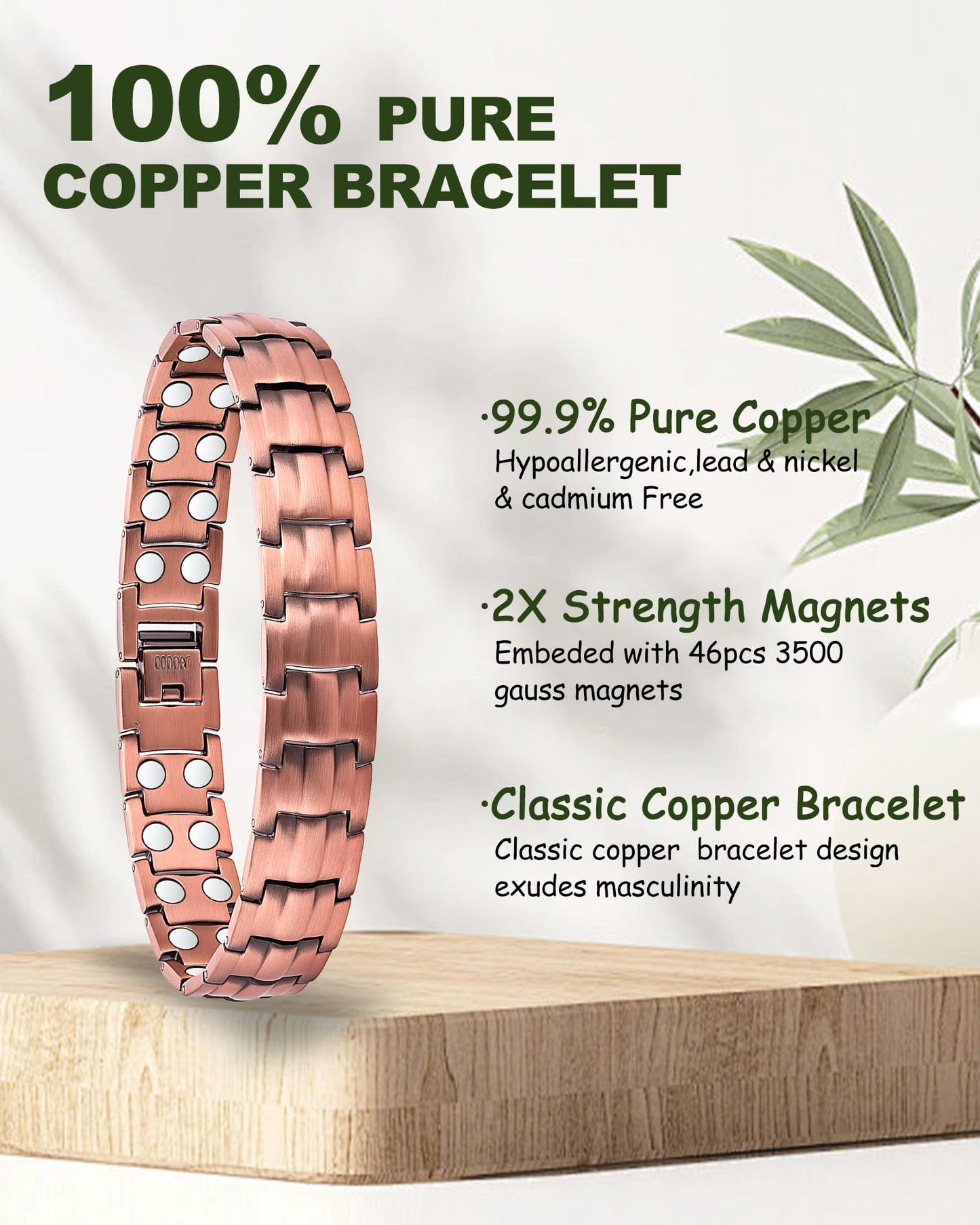 MagEnergy Copper Magnetic Bracelet for Men, 99.9% Pure Copper Bracelet with Double-Row Strength Magnets, Adjustable Jewelry with Sizing Tool