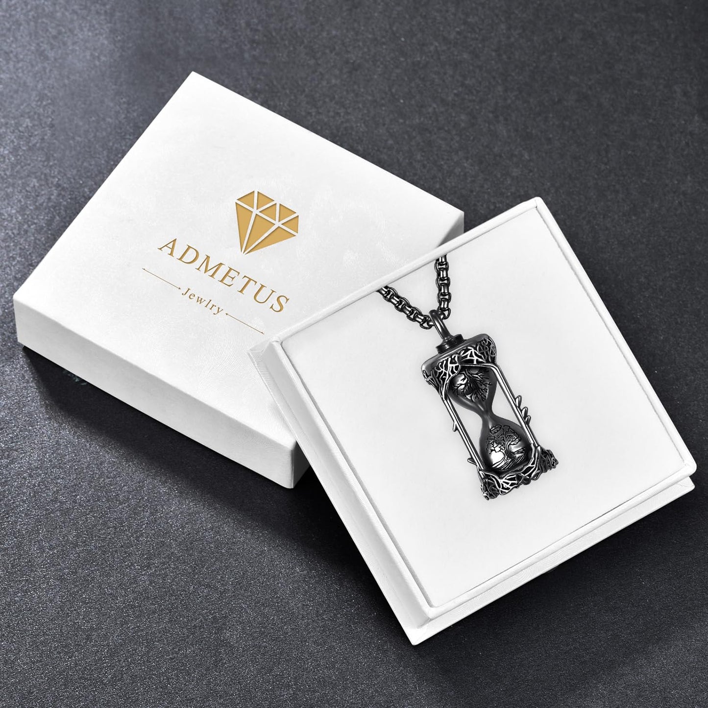 ADMETUS Tree of Life Hourglass Urn Necklaces for Ashes Black Cremation Jewelry for Ashes for Men Ash Keepsake Pendant Memorial Gifts