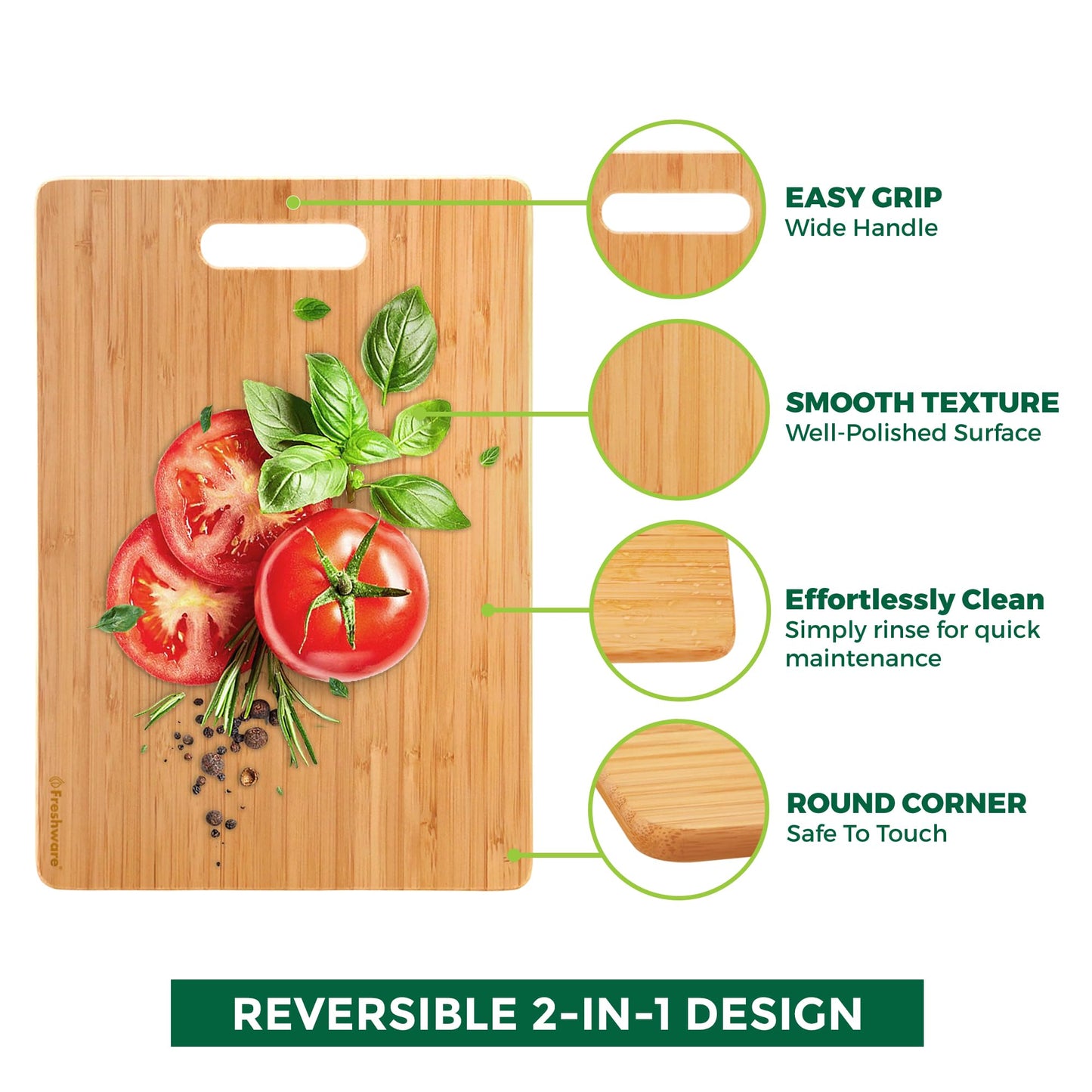 Freshware Bamboo Cutting Board Set of 3, Wooden Cutting Boards for Kitchen, Knife Friendly Food Grade Chopping Board, Lightweight with Hanging Hole for Easy Storage