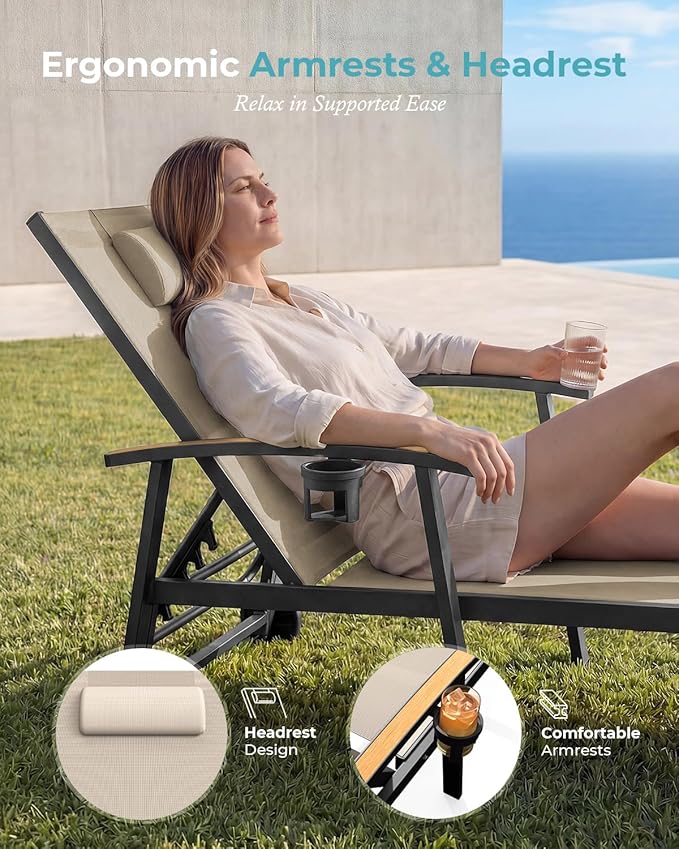 Ciokea Outdoor Lounge Chair with Pillow Set of 4, 5-Position Chaise Lounge with Wheels & Armrests, 400 lbs Heavy Duty Aluminum Pool Lounge Chairs, for Beach, Deck, Poolside & Backyard, Khaki