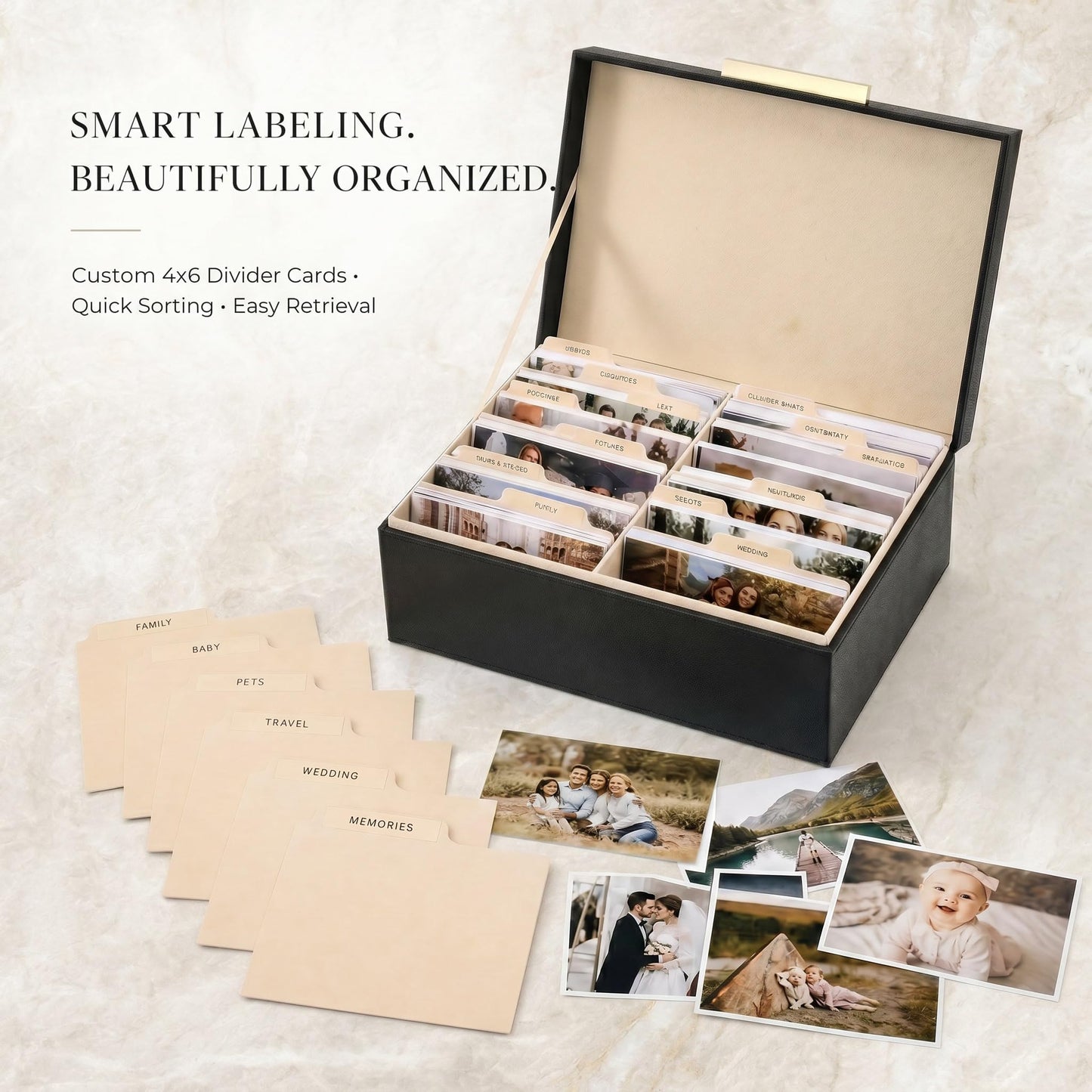 ZICOTO Decorative Photo Storage Box - Sturdy PU Leather Photo Organizer with Dividers is Perfect to Store Up to 1200 Pictures and 4x6 Photos - Portable Scrapbook Storage Containers with Lid
