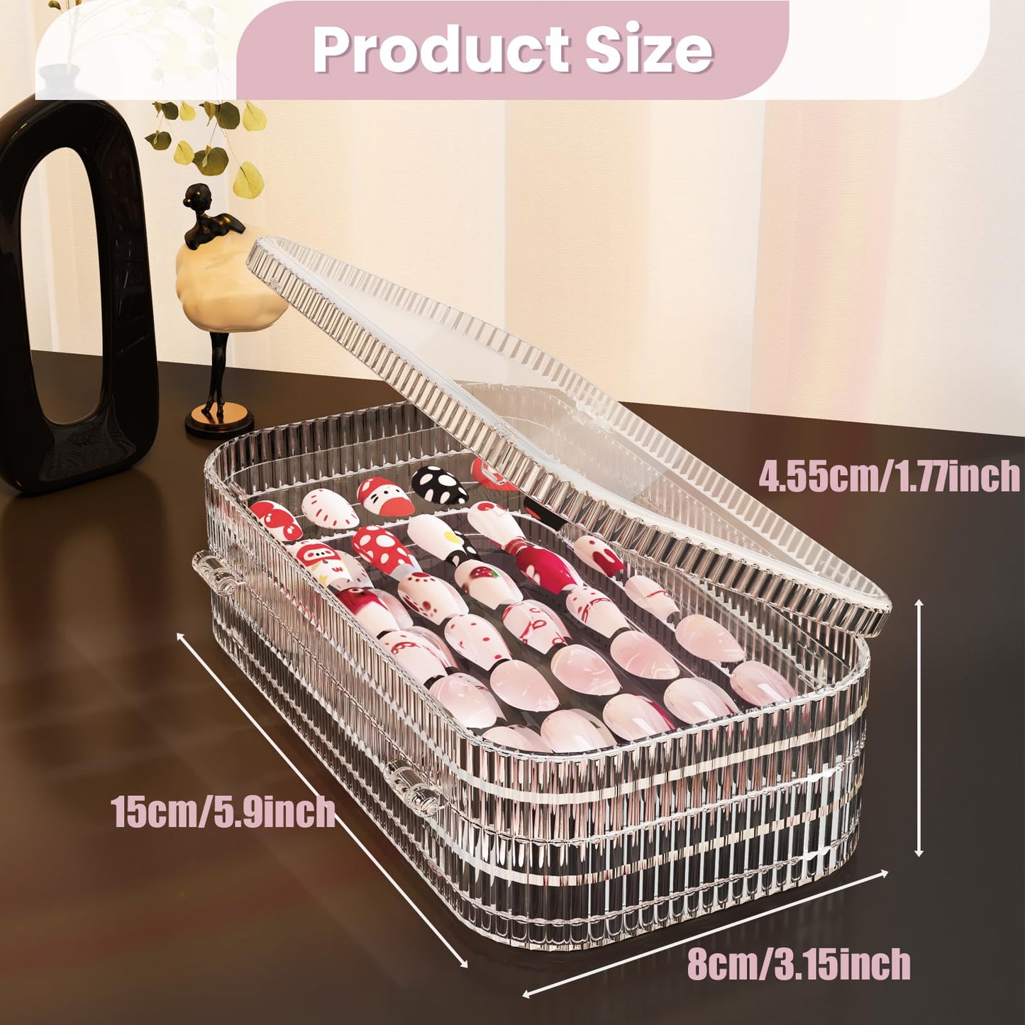 Oskrieel Large Tri-Fold Press On Nail Organizer Case - 4-Page Portable Storage Box for Fake Nails, Clear PET Plastic Travel Holder (6×3.2×1.8 inch) Texture 2Pcs