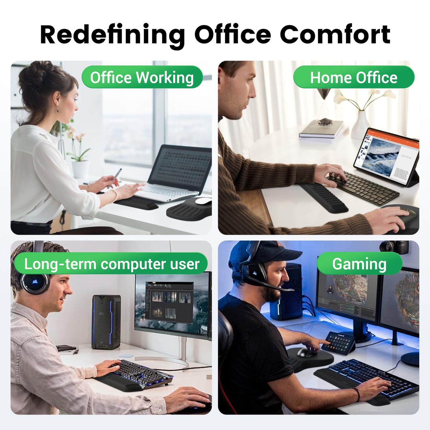 MEKASS Ergonomic Mouse Pad and Keyboard Wrist Rest Set, Super Soft Memory Foam Desk Wrist Support for Computer Keyboard, Non-Slip Arm Palm Rests Cushion for Typing Gaming Office Laptop Mac (Black)