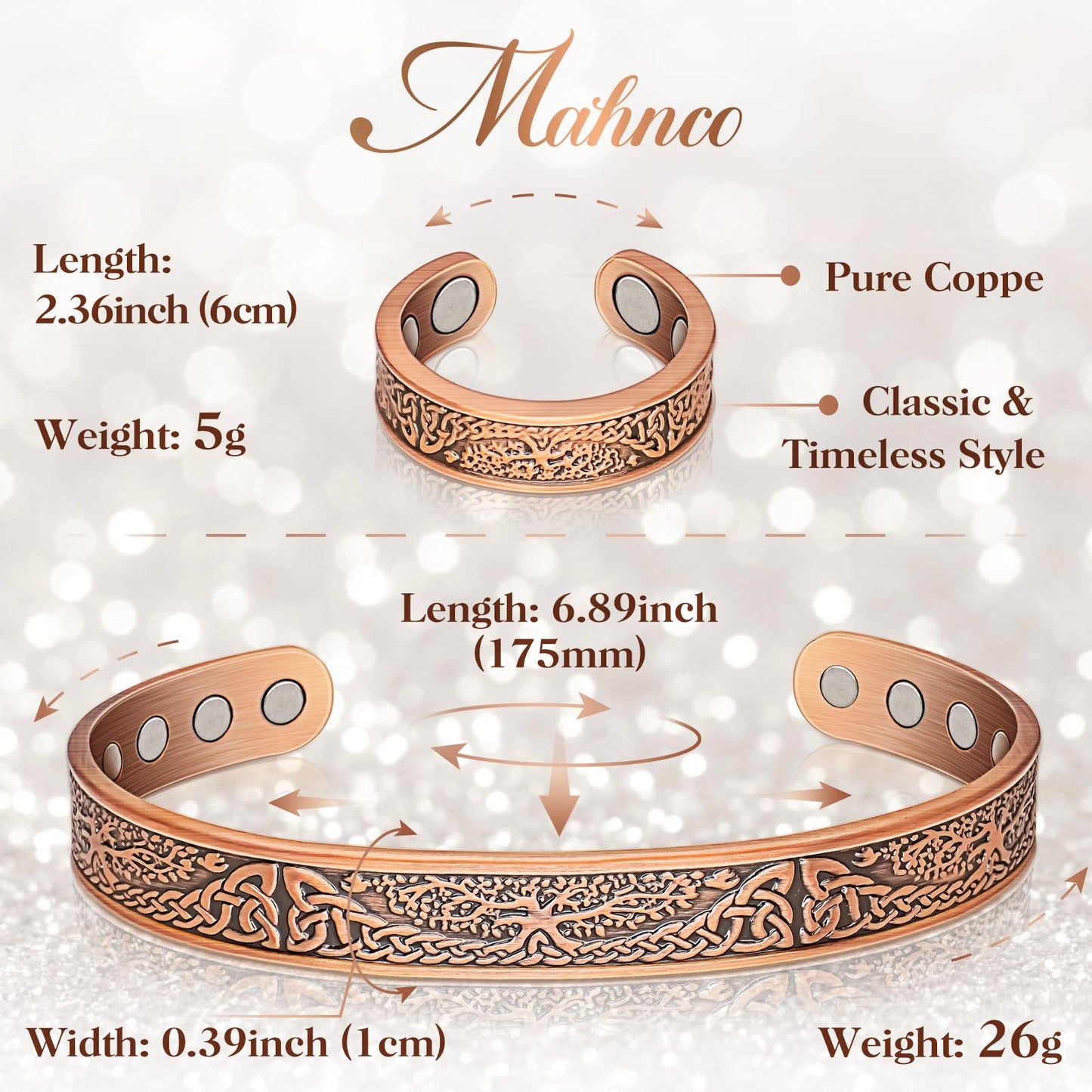 Mahnco Copper Bracelets for Women & Lymphatic Drainage Ring, Magnetic Lymph Detox Ring and Magnetic Copper Bracelet, 100% Solid Pure Copper Jewelry Gift