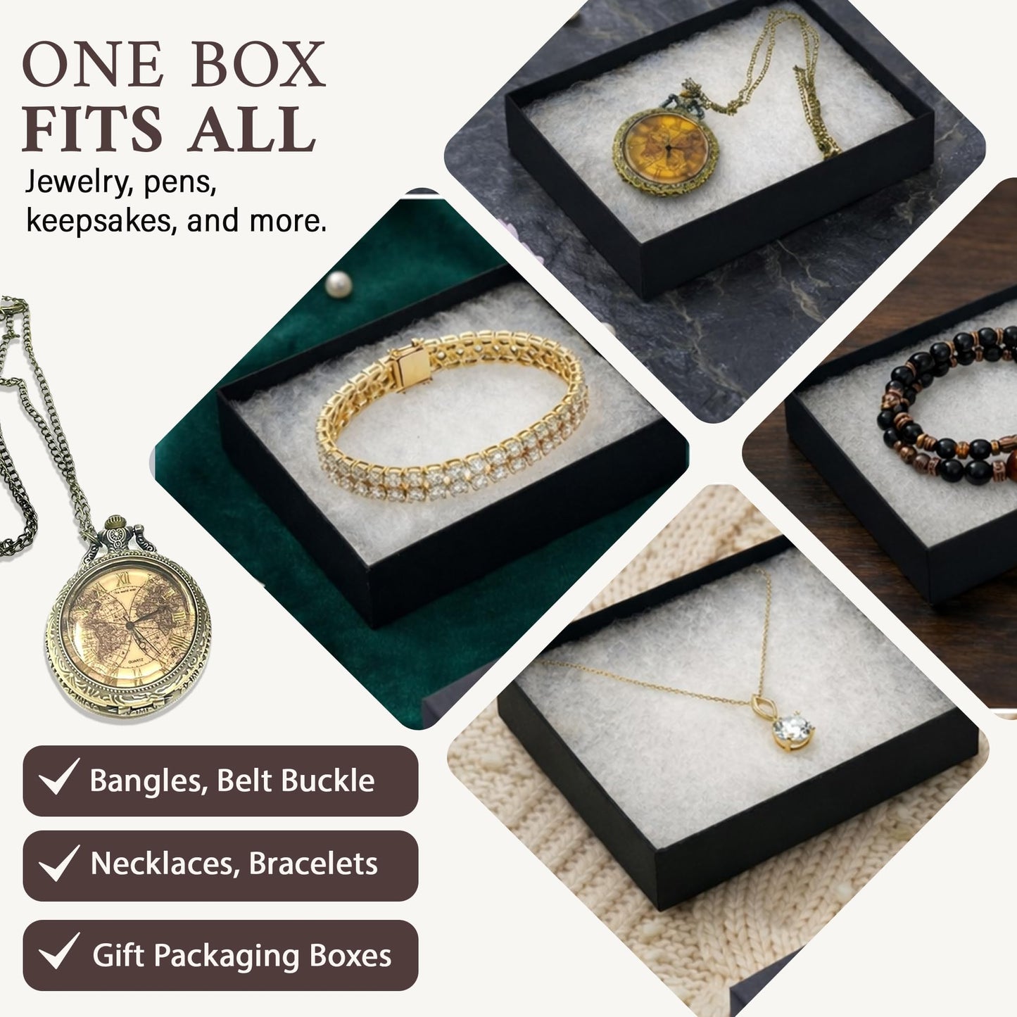 RJ Displays 6 Pack Jewelry Gift Boxes 5.25 x 3.75 x 1 Inch Black Matte Cotton Filled Cardboard Box with Lid, Small Jewelry Packaging for Necklace Bracelet Earrings Bulk Gift Boxes