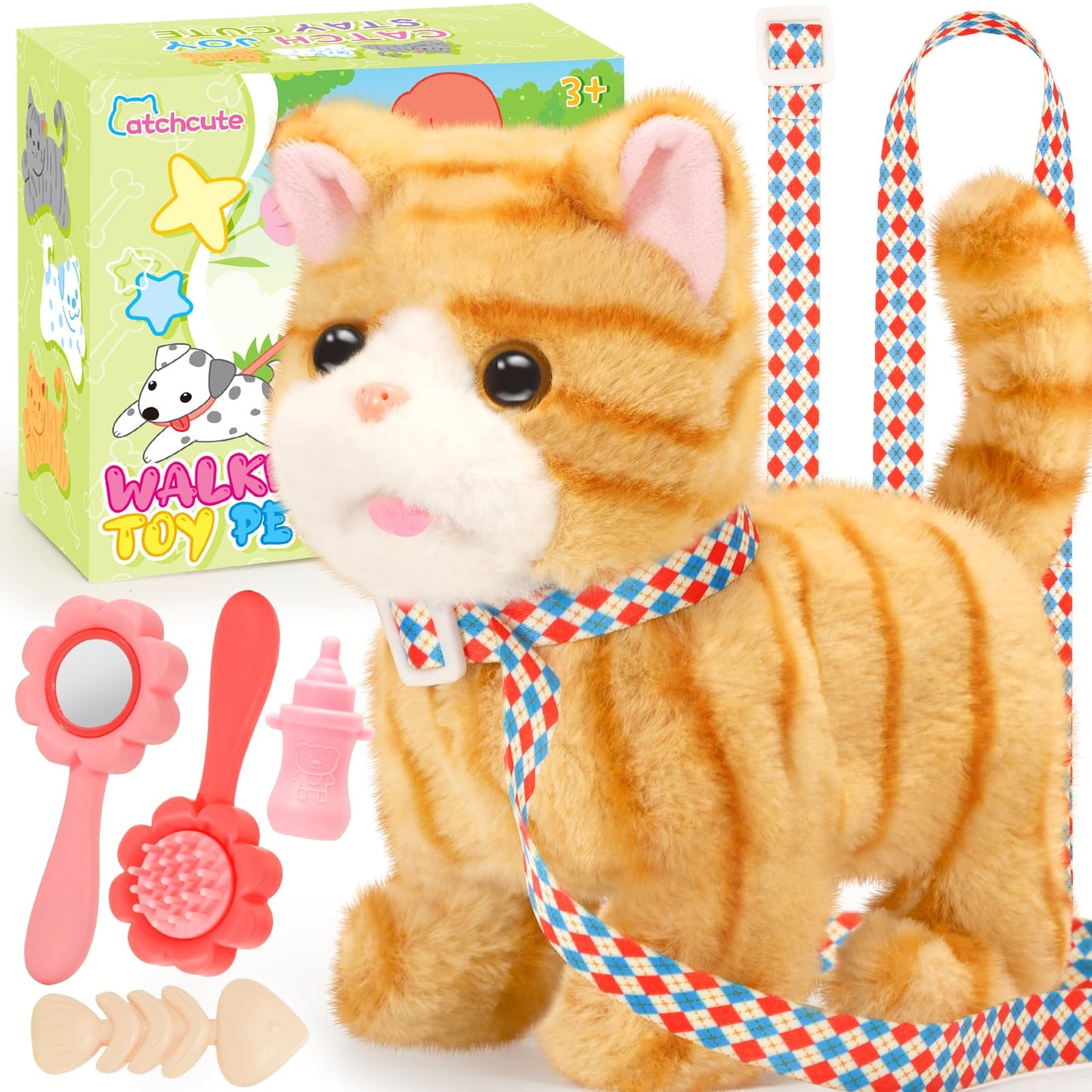 CatchCute Plush Toys Cat for Kids with Leash, Interactive Electronic Kitty That Walking,Meowing, and Tail Wagging, Stuffed Cat Christmas Birthday Gift for Boys and Girls