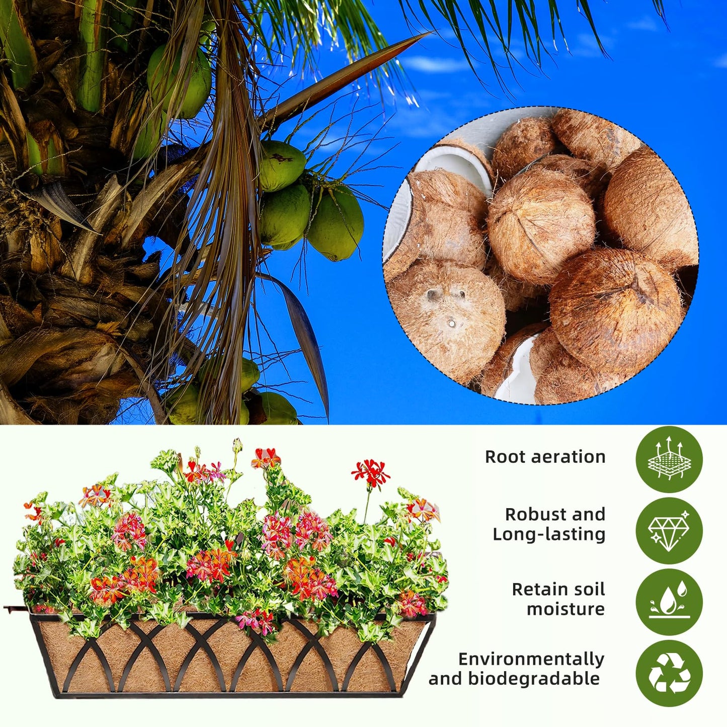 XXINGEM 3Pcs Pre-Formed Coco Fiber Liners for Planters, Window Boxes & Fence Flower Baskets Replacement (30in)