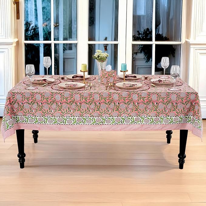 Ridhi Hand Block Print Strawberry Pink Square Cotton Tablecloth 60" x 60" Reusable Table Cover Decorative Everyday Use for Dining, Farmhouse, Home Gift for Spring, Easter, Valentine