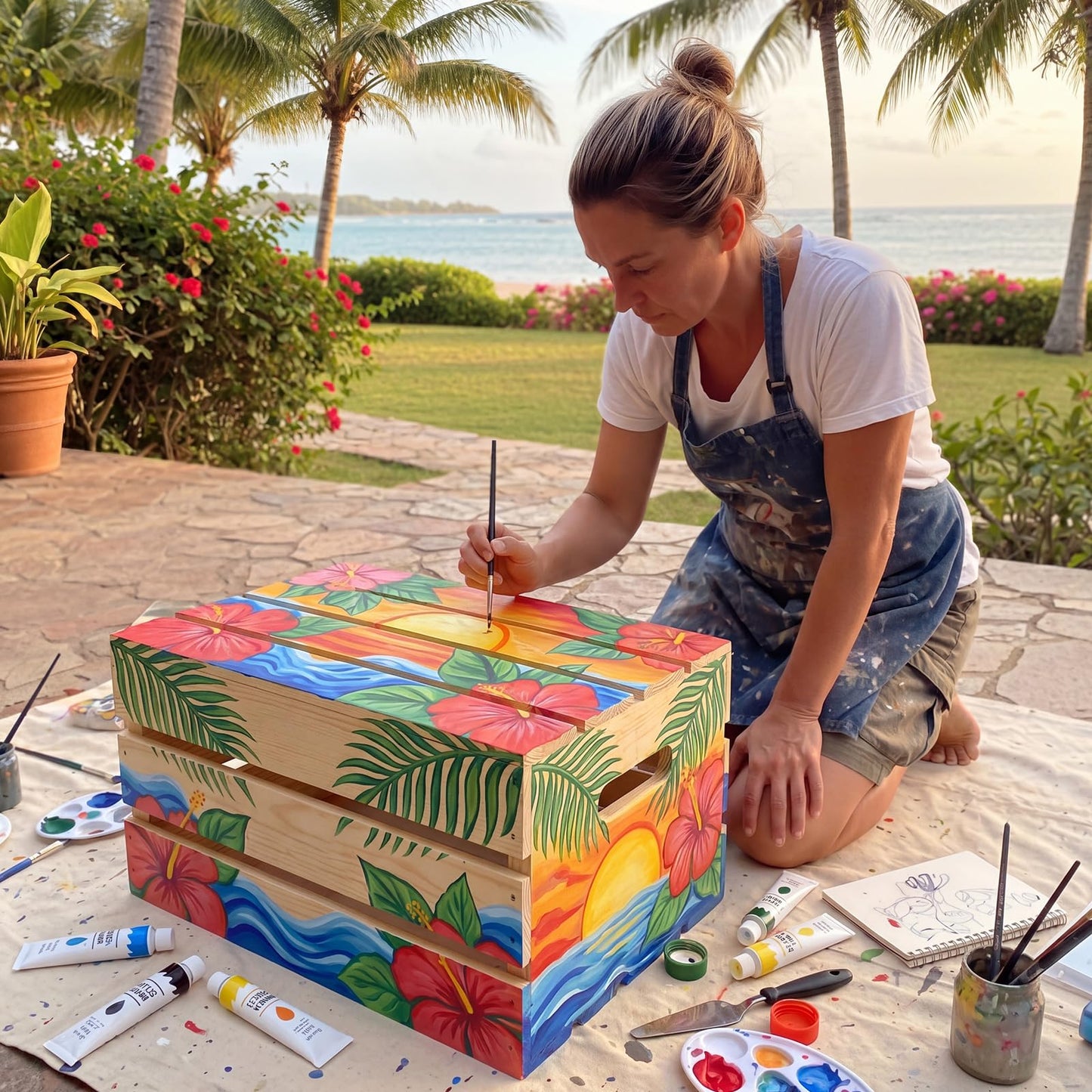 Huwena 2 Pack DIY Bikini Box Kit- DIY Bikini Storage, 16 * 12 * 8in Unfinished Wooden Storage Box Shells and Color Paint Assembly Summer Pool Bin for Hawaiian Tropical Beach Party